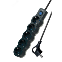 Удлинитель Космос 5 гнезд 1,5 м евро с заземлением, с выключателем, шторки,черный (ПВС 3х0,75 мм²)