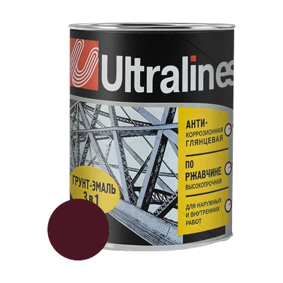 Грунт-эмаль по ржавчине ULTRA LINES 3 в 1 глянцевая, спелая вишня 0,8 кг