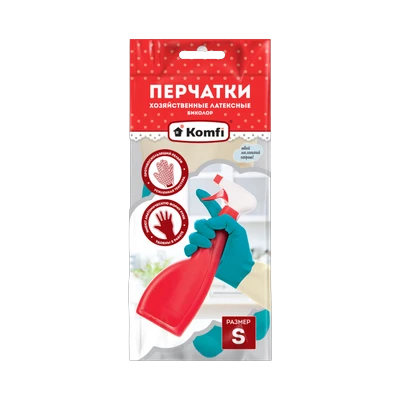 Перчатки хозяйственные Komfi Биколор латексные S, бежевый/бирюзовый