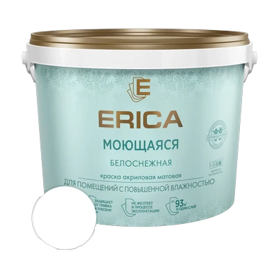 Краска Erica Моющаяся Белоснежная акриловая матовая, белая  4,5 кг