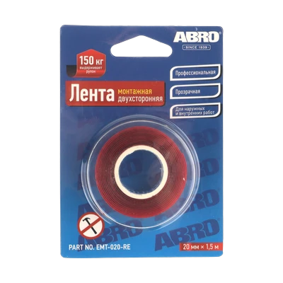 Скотч двусторонний ABRO 20 мм х 1,51 м монтажный, прозрачный